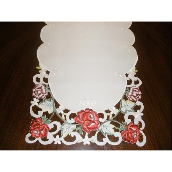 Fastfood MH10938-1454 14 x 54 in. Embroidered Red Rose And Lacy Cutwork Table Runner, Ivory FA2570244 - main